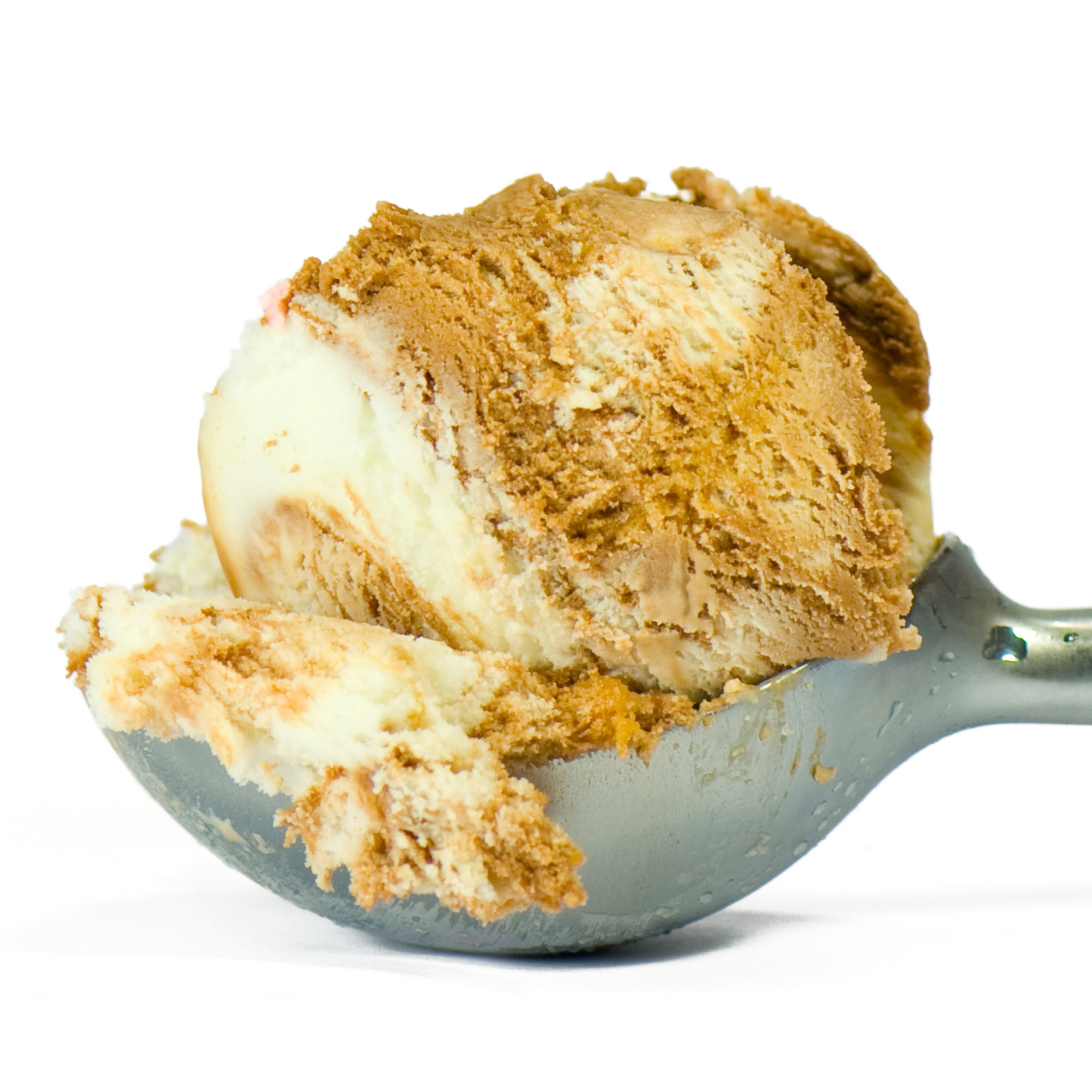 A steel ice cream scoop filled with chocolate and vanilla isolated on white